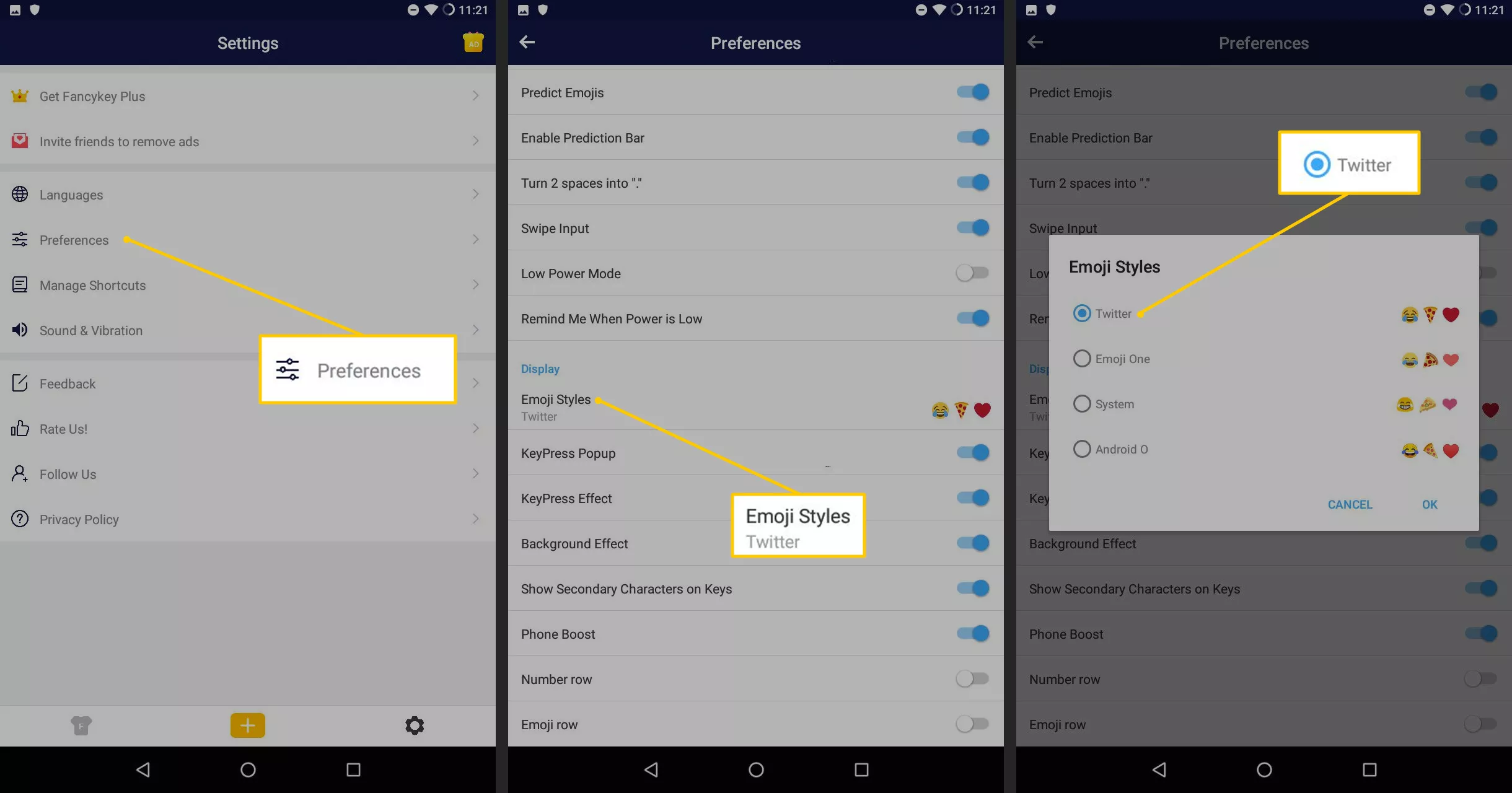 Preferencias, estilos Emoji, casilla de verificación de Twitter en FancyKey para Android