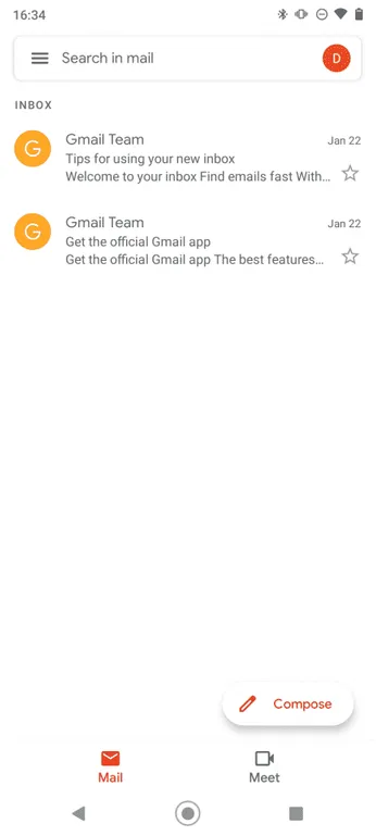 Bandeja de entrada de la aplicación Gmail